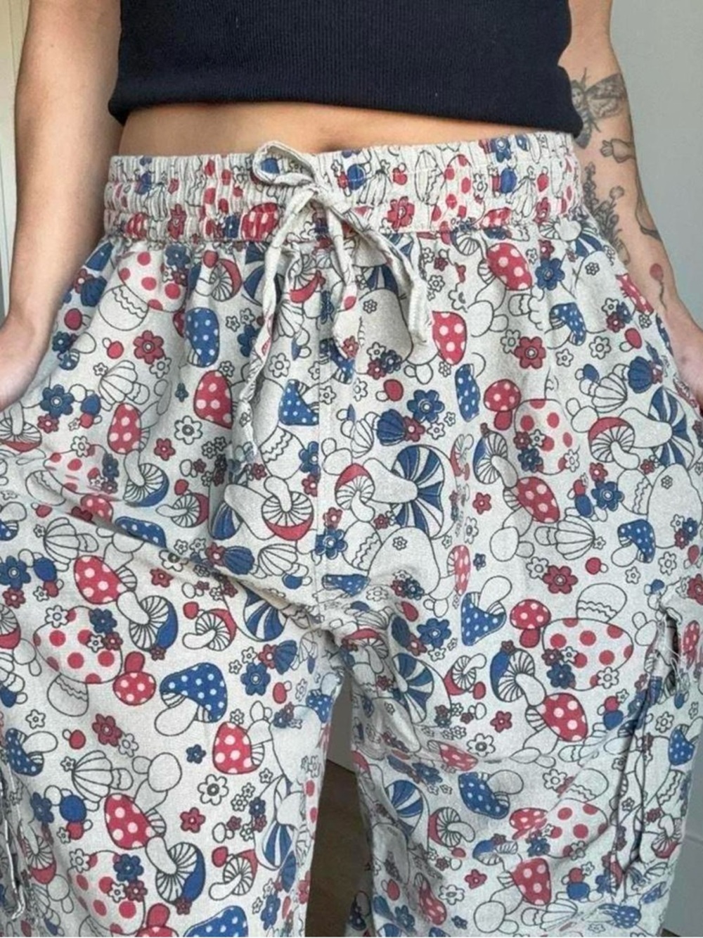 Mushroom and floral hippie cargo wide leg pants baggy pants festival vibes